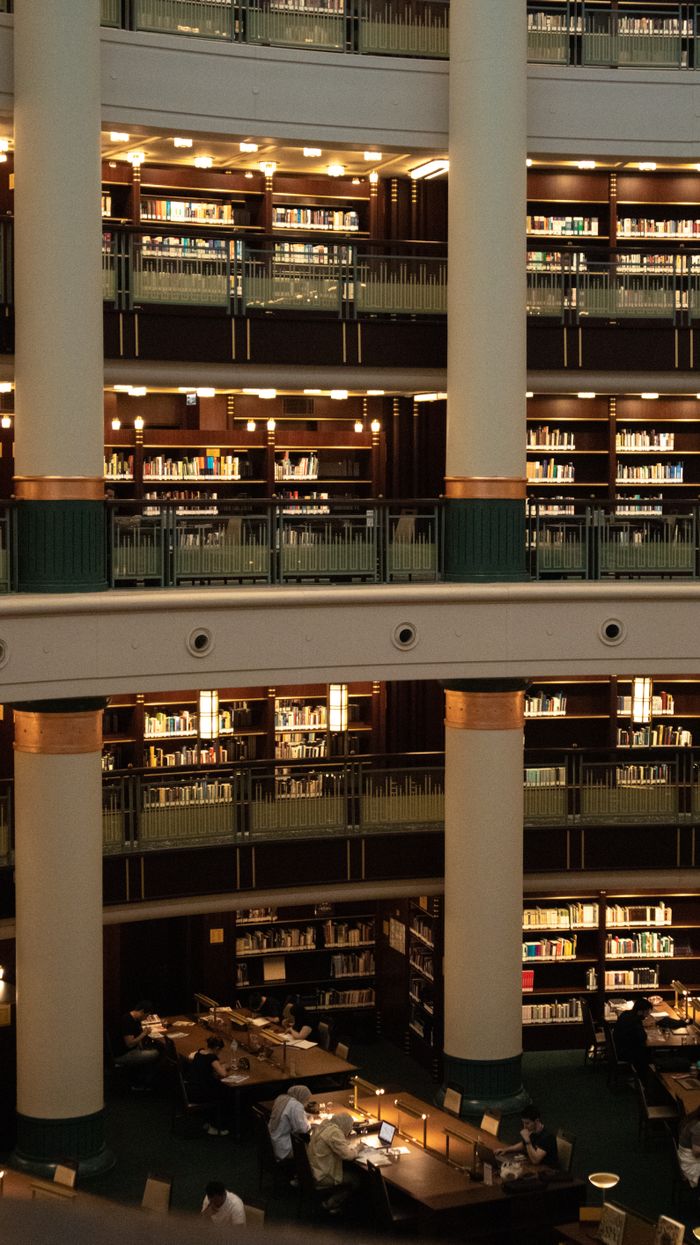 A modern library interior featuring multi-level bookcases and reading tables, evoking a sense of vast knowledge.